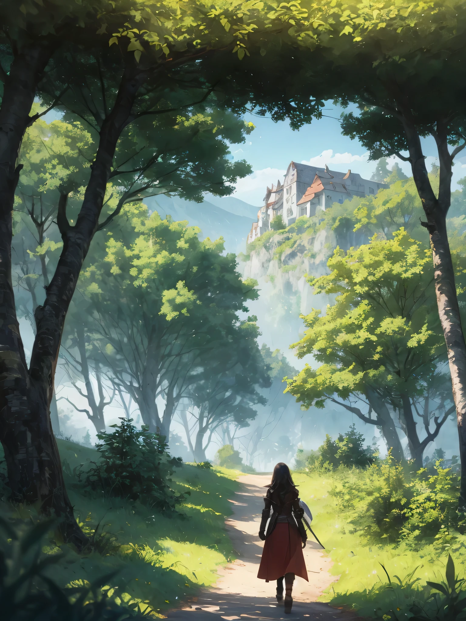 A girl stands on the green grass，Lead a team of knights.
BREAK With a brave face, She guides them to their destination.
break behind her, The green forest stretches into the distance, Mountains rise in the distance.
BREAK This scene is best achieved with the watercolor technique，Capture the softness of grass and the fluidity of movement.