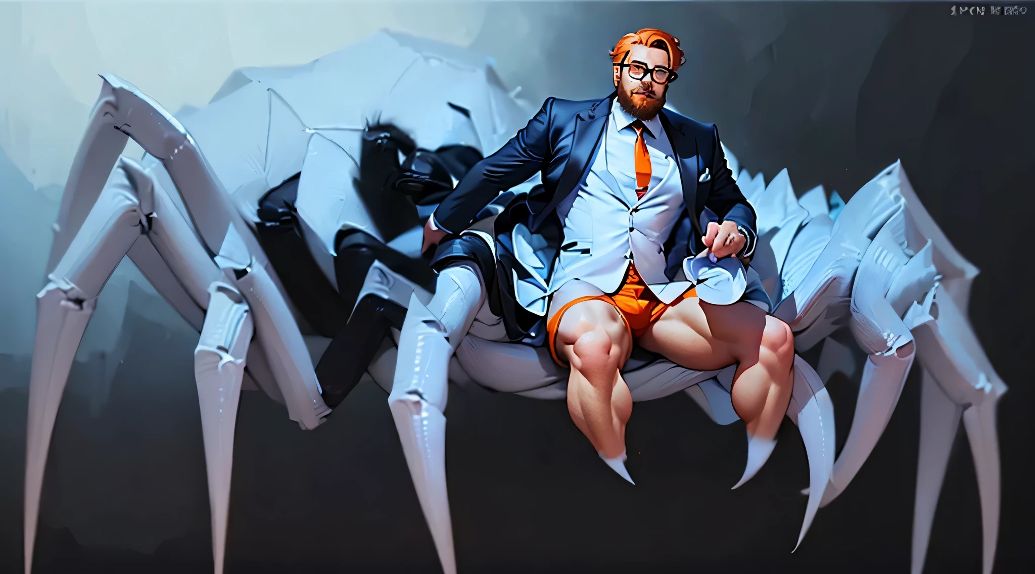 0..Mature man, elegant suit, thick beard, orange hair, glasses, fitness body, confident expression. The image starts from the waist, does not show the legs, blending naturally with the variant image.