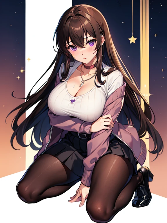 (((highest quality))), 1 girl, brown hair, sweater, Jacket, huge breasts, purple eyes, long hair, Default Skin, skirt, pantyhose, Japanese, necklace, blush, thighs, open your mouth, close one eye, A painful look, adult woman, Ecchi Woman(kneeling pose)
