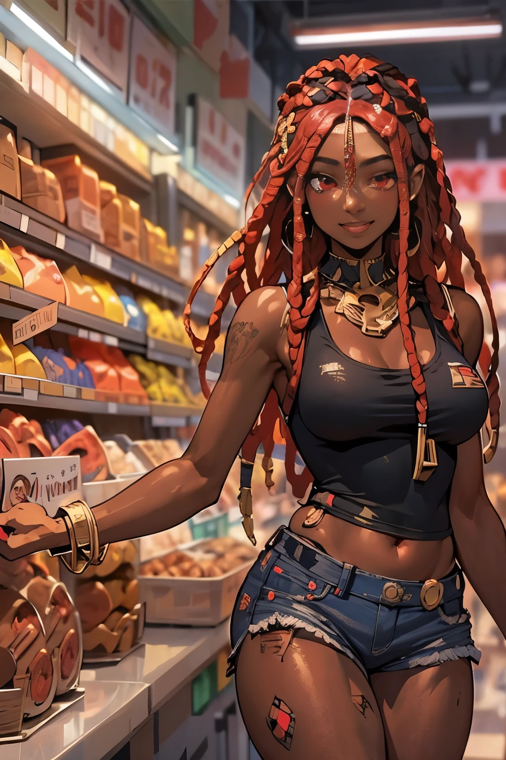 NSFW, 1girl, official anime art illustration, gilded jeweled circlet, long black and red dreadlocks, red eyes, (tall plump dark-skinned Haitian girl inside grocery store bakery aisle), small breasts, sheer tight detailed red crop top, short ripped tight jean shorts, thick thighs, playing with hair, wink and smile expression, perfectly photorealistic, incredibly detailed, 8k, UHD, masterpiece, best quality, ultra detailed, intricate,