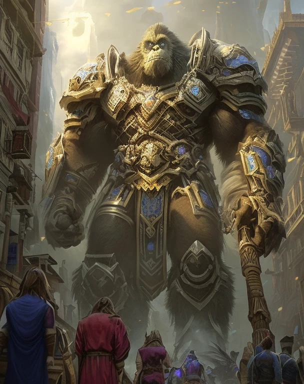 a group of people standing around a giant king kong creature in a city, from warcraft, by Yang J, blizzard warcraft artwork, warcraft artwork, in style of wold of warcraft, world of warcraft concept art, highly detailed fantasy art, cgsociety and fenghua zhong, wojtek fus, blizzard game concept art, by Ryan Barger, world of warcraft art