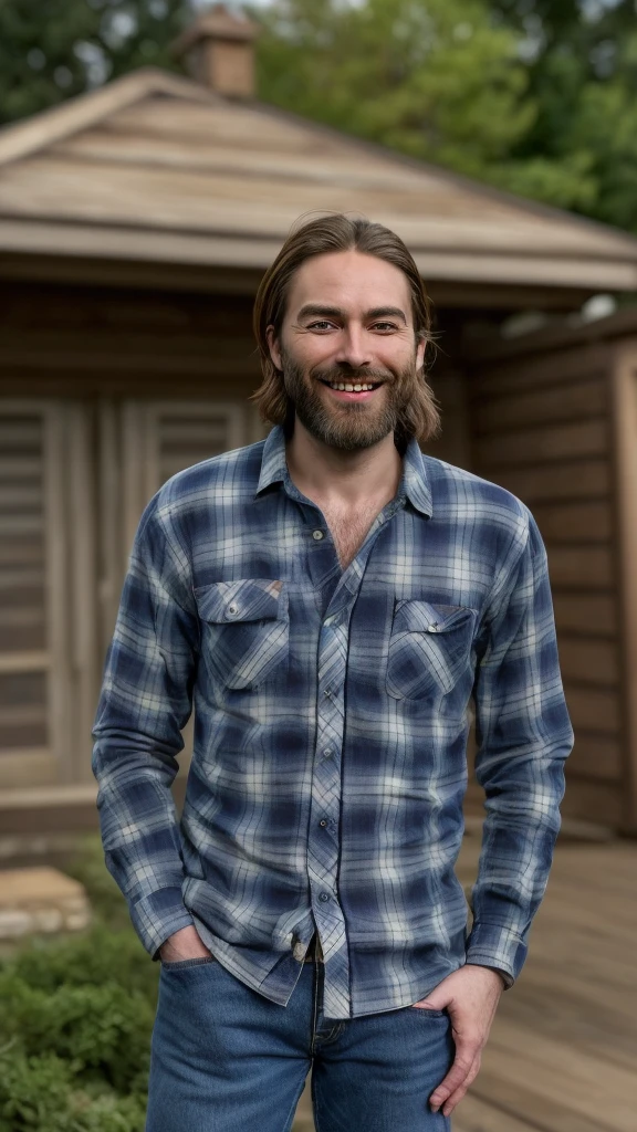 arafed man with a beard wearing a blue and black flannel shirt and jeans smiling, this person does not exist, 35 years old, standing in his backyard, tyler jacobson-chris mcgrath-kirk jones-kurt cobain-tom mison-aidan turner-antony starr-caleb followill merged, entire body visible, full body, hyperrealistic, best quality, 8K, real human skin, masterpiece, extremely intricate, medium closeup, detailed eyes, detailed face, detailed body, exaggerated features, pronounced features