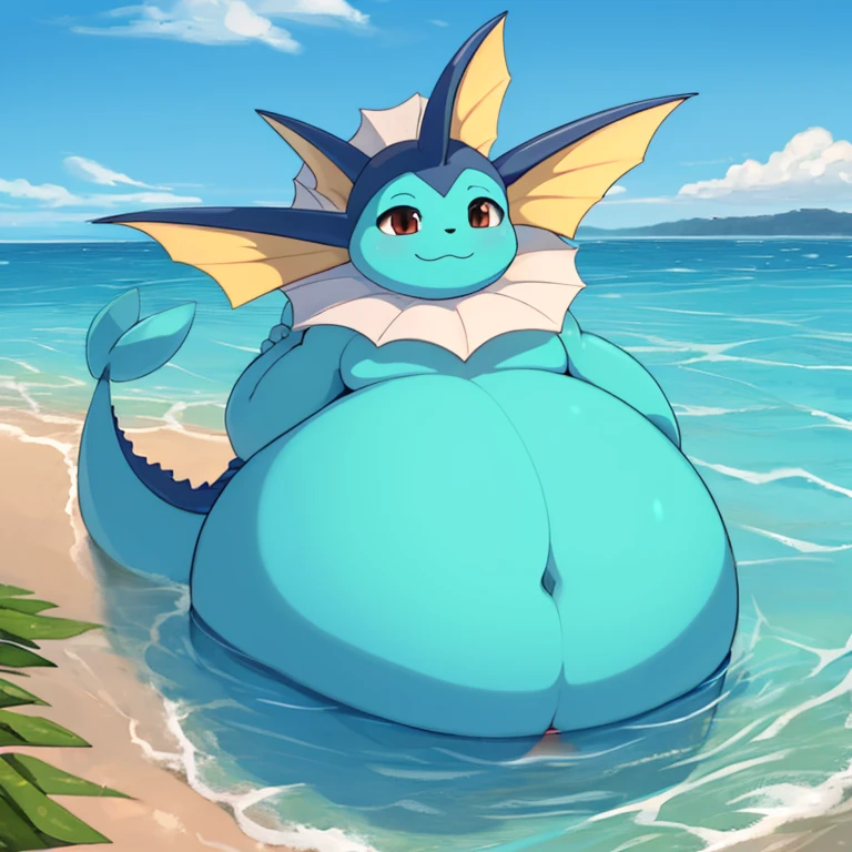 full-length portrait, solo, feral, pokemon vaporeon, (morbidly obese:1.2), (neck rolls:1.0), (chubby cheeks:1.0), (on back:1.2), quadruped, floating, sea, (horizon:1.1), (seascape:1.0), partially submerged, tropical island