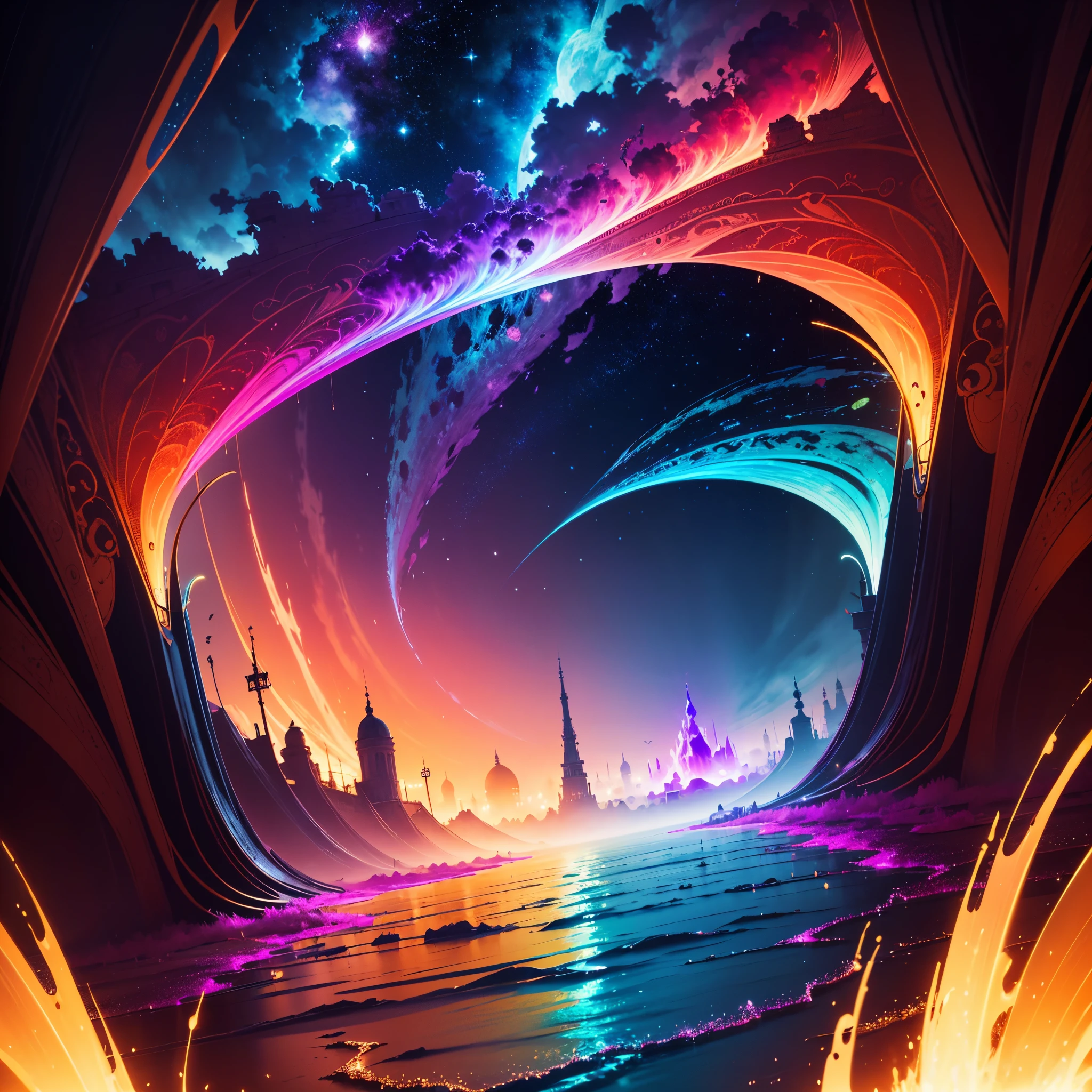 Hyper Vibrant Nebulae Octans by_Mappa Spacious Starry_sky ((🎈Sunset epic sunshine parabolic sunrise Rain_Color Colorful_liquid_on_naked_body:1.3 Colorful_body Colorful_ink_on_hair:1.2 Rainbow Abundant_colorful_liquids White_liquid fullbodye wet_Color_liquid)) In the vast expanse of the cosmos, a breathtaking image unfolds before your eyes. In the heart of a starry galaxy, vibrant nebula dance and swirl, their ethereal colors blending and intertwining. The scene is a symphony of cosmic beauty, with tendrils of interstellar dust and gas reaching out into the void. The stars shine with an otherworldly brilliance, illuminating the cosmic tapestry that stretches across the vastness of space. It is a visual feast for the senses, an awe-inspiring glimpse into the wonders of the universe. BREAK,Detailed,Realistic, highly detailed digital art,octane render, bioluminescent, BREAK,by Mappa studios,masterpiece,best quality,official art,illustration,ligne claire,(cool_color),perfect composition,absurdres, fantasy,focused,rule of thirds masterpiece meticulously intricate 🎠deep path equirectangular🎡 ultra_high-details extreme improved ultra_high-quality ultra_high-res ultra_photo-realistic optimal ultra_sharpness perfection accurate volumetric SunLight Lightning_contrast global_illumination cgi vfx sfx reflex Octane_rendered ultra_high-def UHD XT3 DSLR HDR romm rgb pbr 3dcg fxaa blu-ray vivid colors-coded anti-aliasing fkaa txaa rtx ssao opengl-shaders glsl-shaders post-processing post-production cell-shading tone-mapping ❤luminescence 😘glow 👩Heart hearth Crystalline butterfly earth invoke monarch magic fleuraison monster monstrous creature sundrop slide onyx summon transparent ruby Earth hearth bloom flash Tourmaline opal strange glow hole reflection varies multi etc. --s 1000 --c 20 --q 20 --chaos 100