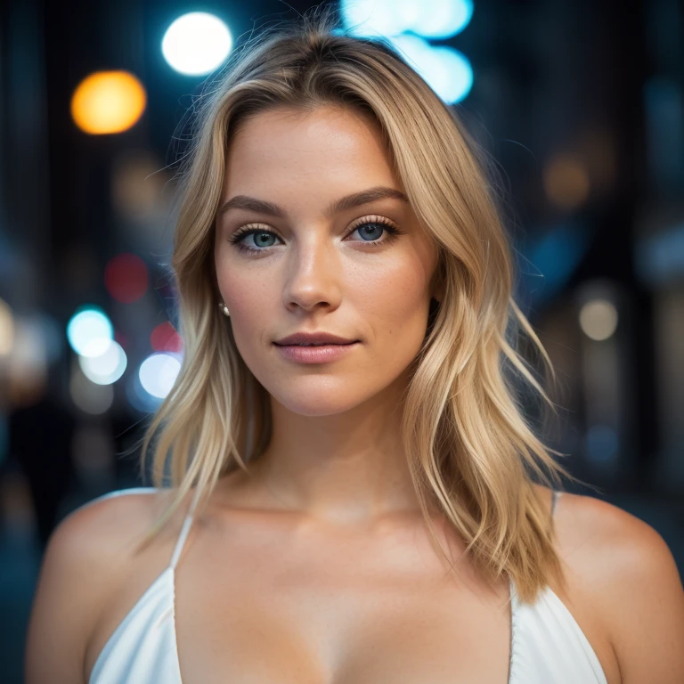 selfie, Vue de dessus: 1.4), (right half of the body: 1.4), RAW UHD portrait photo of a 24 year old blonde walking down a dark alley, gros seins,, city at nuit, (robe), (encolure), details (textures! , Cheveux! , paillettes, couleur!! , Disadvantages: 1.1), bright eyes with great details (Looking at the camera), Reflex lighting, Appareil photo reflex, ultra-quality, acuity, profondeur de champ, grain de film (Centre), Fujifilm XT3, clair comme de l'eau de roche, frame Centre, beau visage, Sharpness, lampadaire, Neon lighting, Bokeh (dimly lit), nuit, (nuit sky), detailed skin pores, La peau grasse, Coup de soleil, complex eye details, tout le corps, gros seins