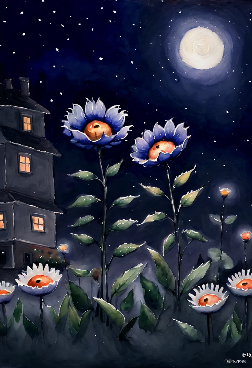(watercolor painting:1.4), flowers, night, inspired by Sarah Andersen, (best quality, masterpiece, 8k