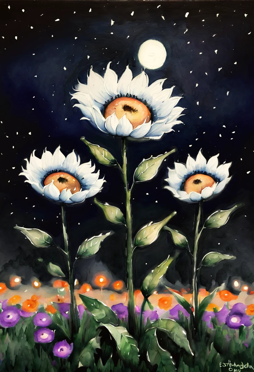 (watercolor painting:1.4), flowers, night, inspired by Miki Asai, (best quality, masterpiece, 8k8