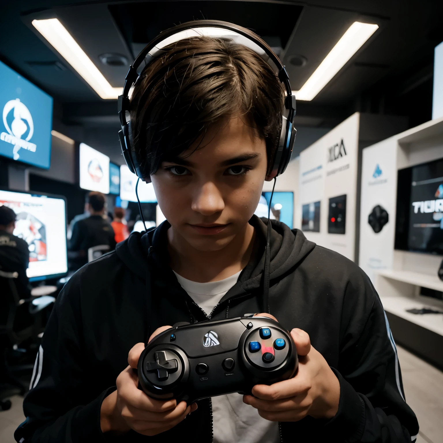 Create a logo of a boy holding a gaming controller and wearing a headphone
