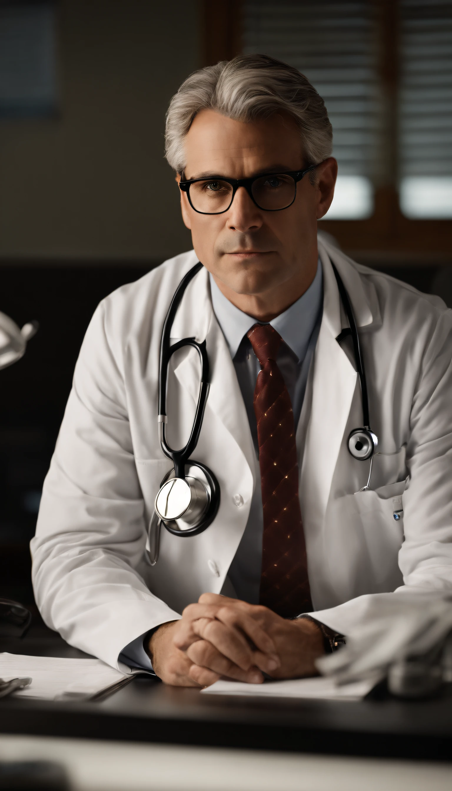 good lighting, Um distinto homem de 40 anos, with gray hair and prescription glasses, sits behind a modern medical table, your white coat and stethoscope around your neck, ready to see your next patient. His intense look at the camera conveys his dedication to his profession. The computer and papers on the desk suggest his meticulous nature and attention to detail.