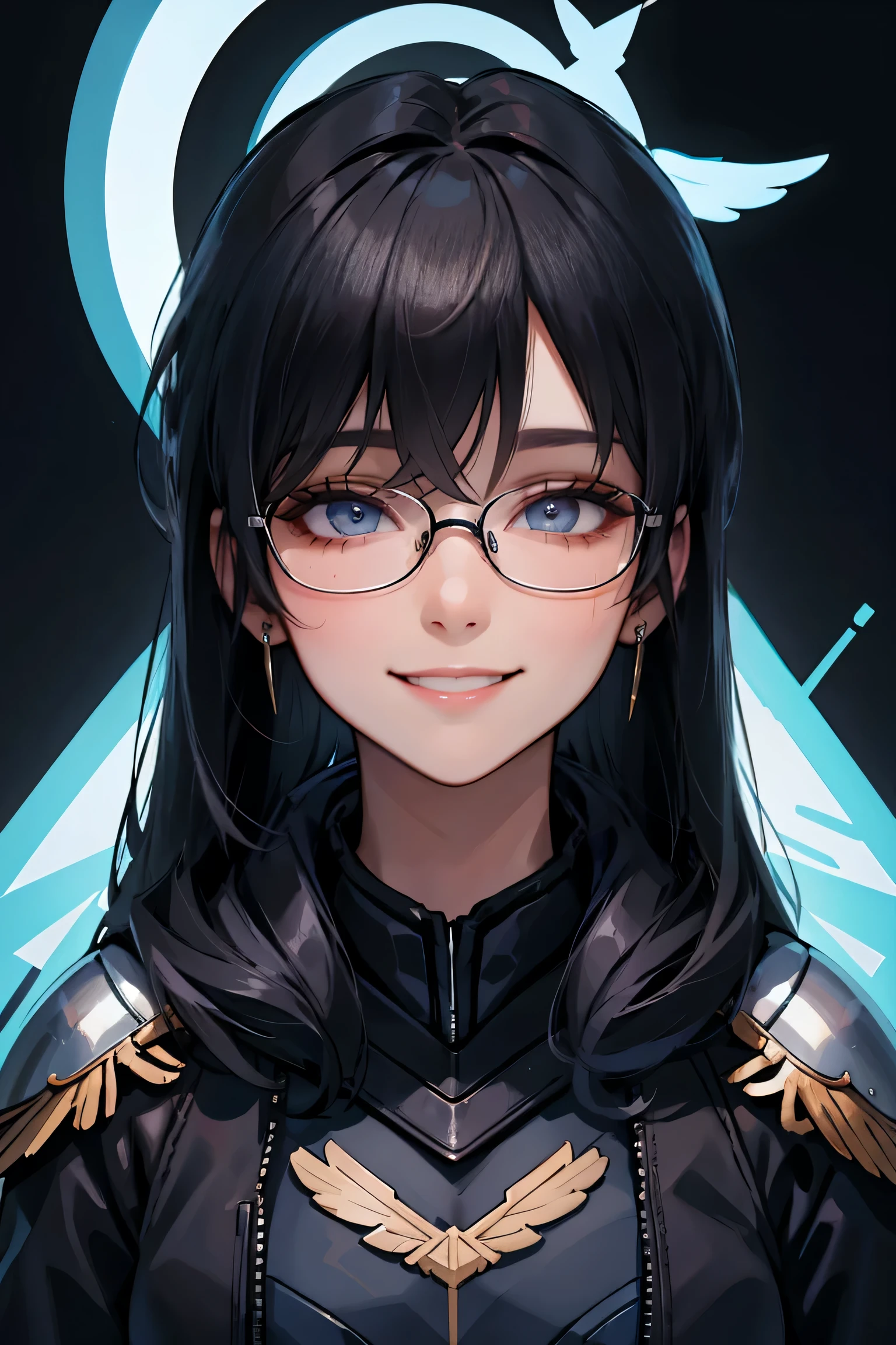 valkyrie , black background , black hair , straight hair , glasses , laugh , masterpiece , portrait