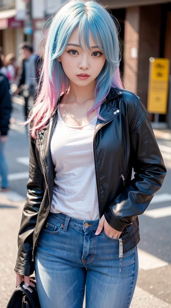 1 girl、foto de la joven (Sana Minatonazi:NamiTamaki:0.5) High resolution 1.2, (8k, RAW Photo, Best quality, Masterpiece), (realistic, photo-realistic:1.4), Ultra detailed, big face, On the street Tokio, sexy, medium height, beautiful woman, Yukata Beauty, the night、A landscape urban, Upper body、sexy, close-up、(realistic turquoise eyes: 1.3), Asian woman with fine pink hair Cheng Yi, fine pink hair inspired by Yanjun Cheng, flowing pink hair, Realistic skin tone, soft mouth, short pink hair, very pretty, realistic face、(8k、raw photography、premium 、masterpiece:1.2)、(realistic、photorealistic:1.37)), wearing (black top1.2) , long jeans with rips with a worn look, black jacket punk style with studs and tacks,