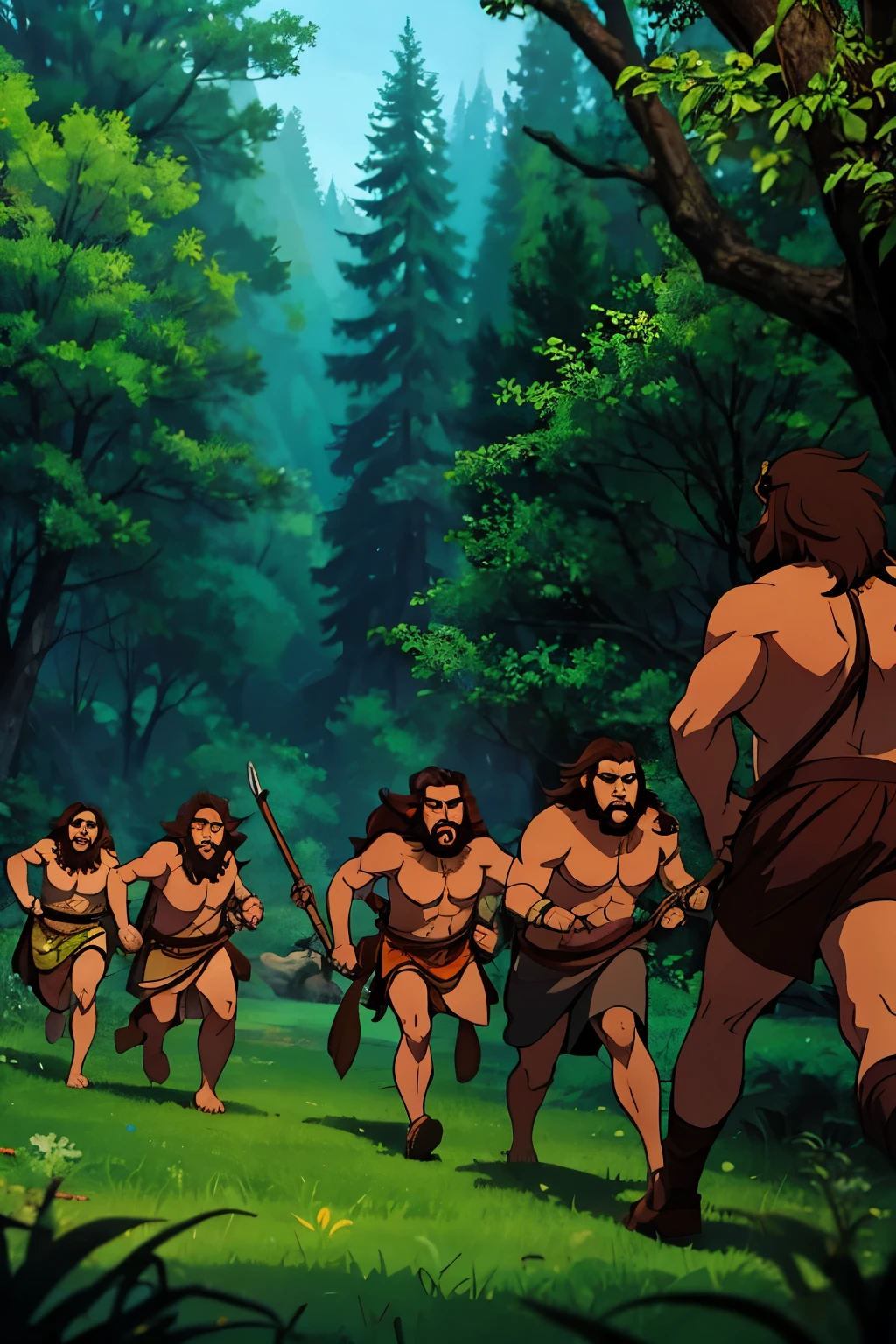 many cavemen running after an animal to hunt them in a forest