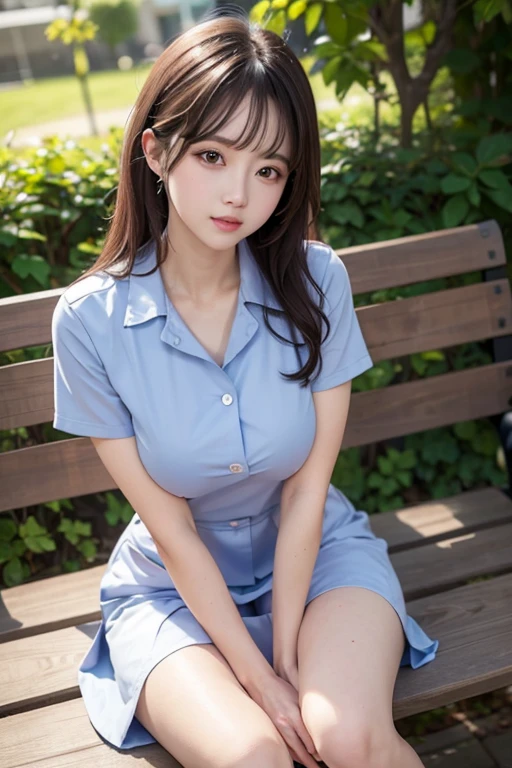 Beauty、nurse uniform、perfect style、Photographed from the front、spotless、highest quality,8K, ultra high resolution,professional photos、golden ratio face、big breasts、slim waist、Sit on a bench、