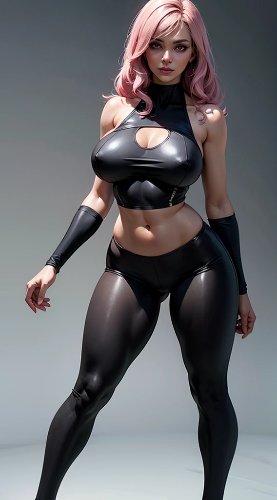 Woman, Adult, Old Woman, with sexy body, with firm breasts, with large breast size, with dark skin, dark skin tone, (detailed body), with pink hair, hair that reaches her waist, with gray eyes, with big thighs, (great level of detail), (masterpiece), that their clothes are tight to the body, with a seductive expression, with a swimsuit, that the suit is a piece, that the suit shows the abdomen, with Good quality, great level of detail in the abdomen, standing, full body.