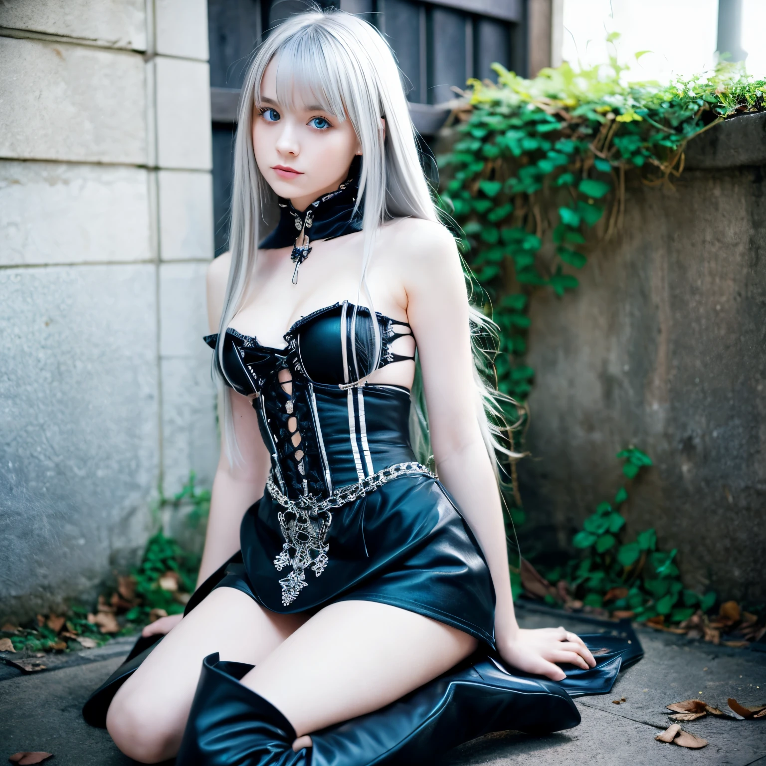 best quality,1girl,(((girl))),full body,pale skin,petite,silver hair,long hair,straight hair,blueeyes,small breasts,gothic [[[[[[ta]]]]]]],grilled skirt,boots,bare shoulders,megami magazine,