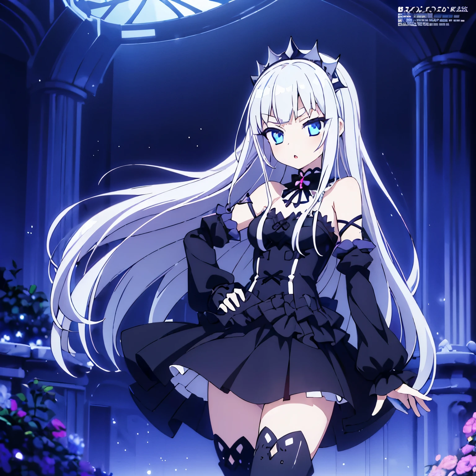 best quality,1girl,(((girl))),full body,pale skin,petite,silver hair,long hair,straight hair,blueeyes,small breasts,gothic [[[[[[****ta]]]]]]],grilled skirt,boots,bare shoulders,megami magazine,