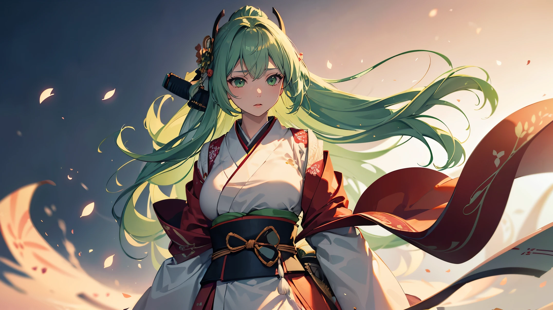 Kazama Iroha Best Quality, Highest Quality, Highly detailed CG Unity 8k wallpaper, Original, High resolution, (depth of fields: 1.5), fidelity: 1.3, a beauty girl,　　A Japanese style　　 long blonde hair　samurais　pale green kimono　　Blue hair fastening　Green eyes　huge tit　　