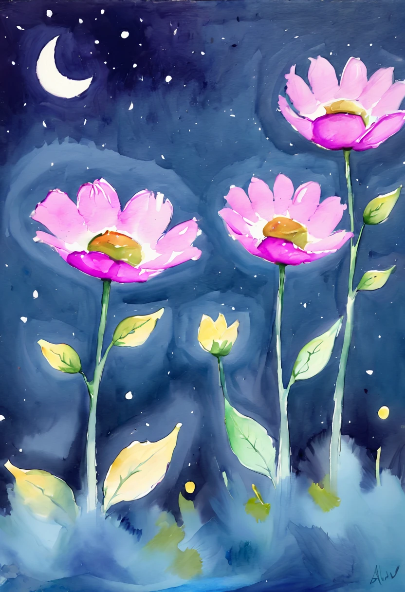(watercolor painting:1.4), flowers, night, inspired by Miki Asai, (best quality, masterpiece, 8k8