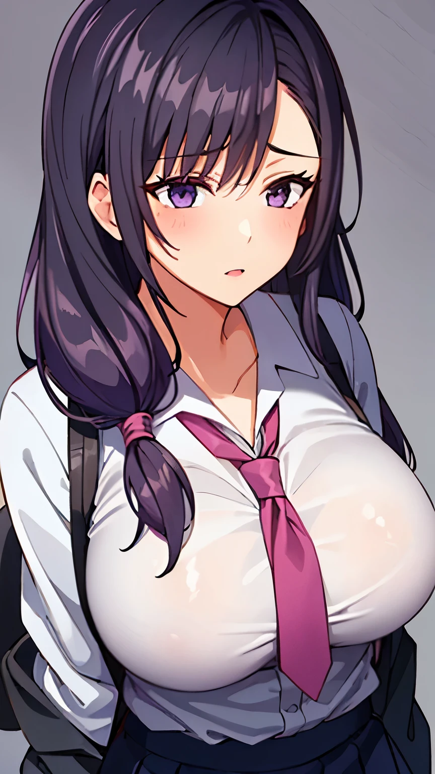 1 girl, purple and slightly black hair, big breasts, sexy body, serious face, wearing a school uniform 