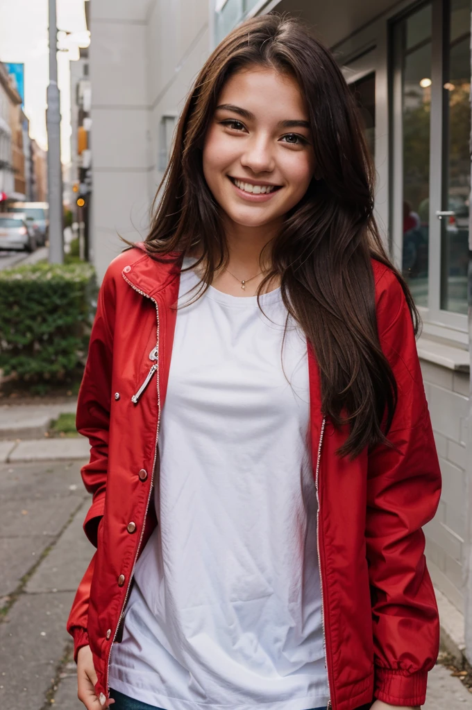 girl with a smile wearing red jacket