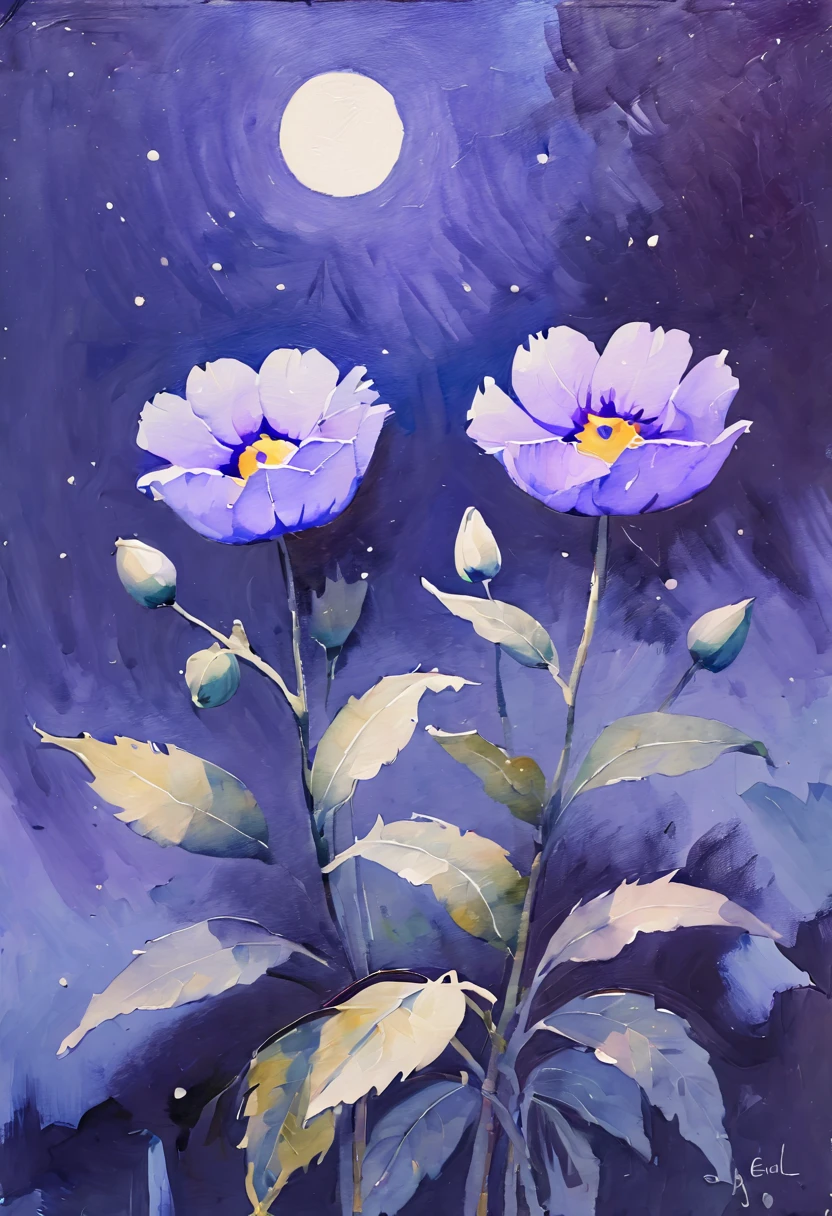 (watercolor painting:1.4), flowers, night, inspired by George Birrell, (best quality, masterpiece, 8k