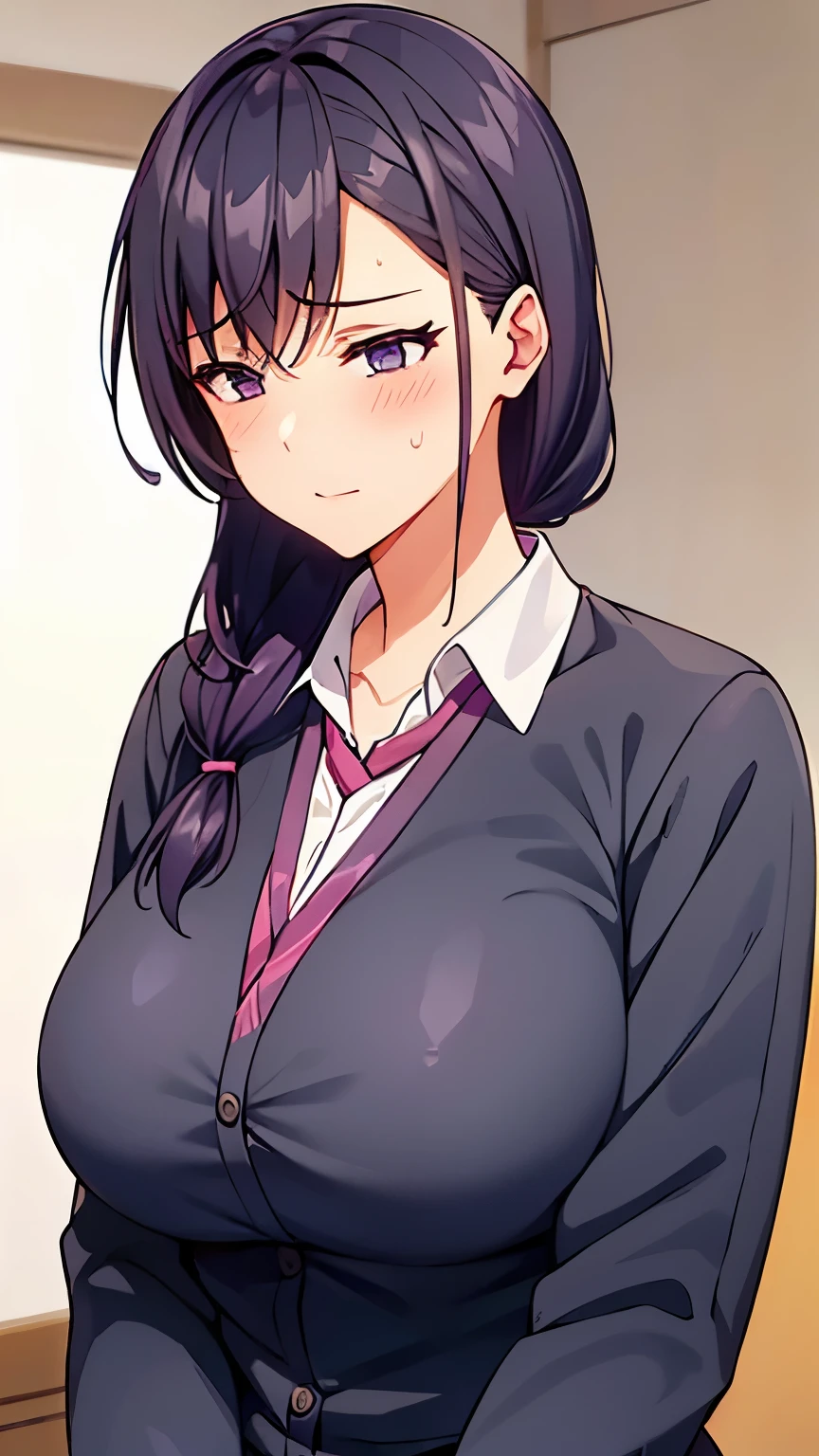 1 girl, purple and slightly black hair, big breasts, sexy body, annoyed face, wearing a school uniform 