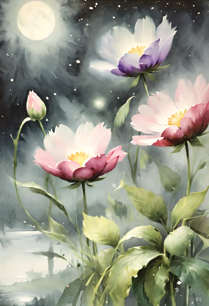 (watercolor painting:1.4), flowers, night, inspired by Miki Asai, (best quality, masterpiece, 8k8