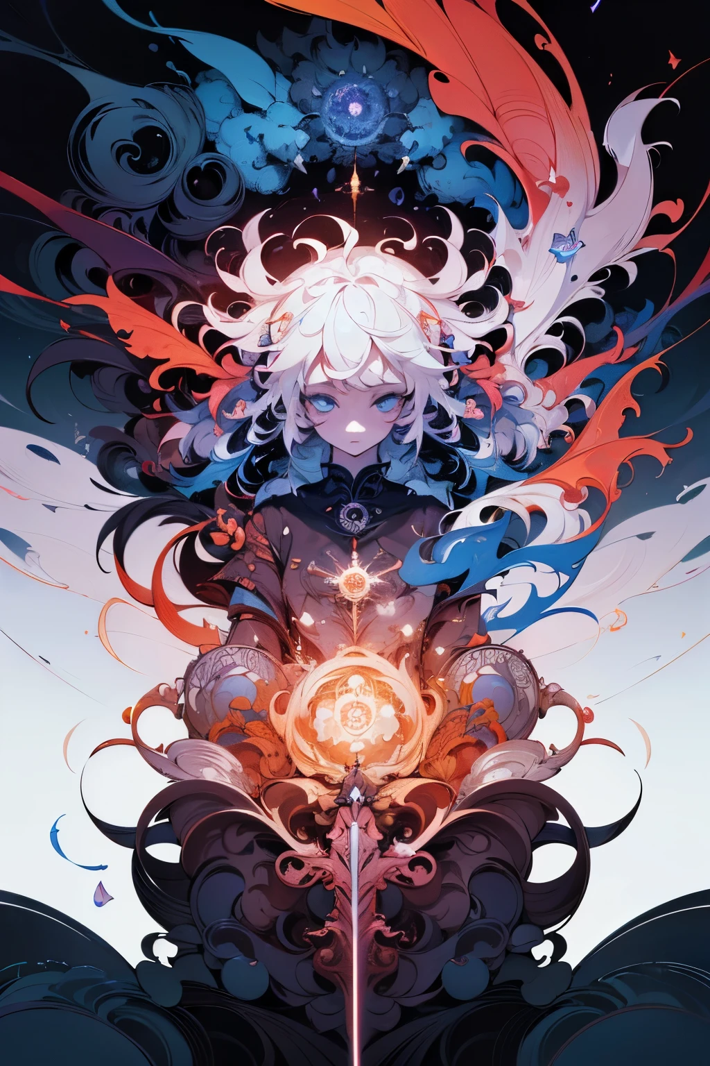 A girl with short hair, white hair, astrologer by profession, girl floating in the air, dark tone, magic around, highest quality, masterpiece, 8k, legs floating upright, eyes closed, clear face