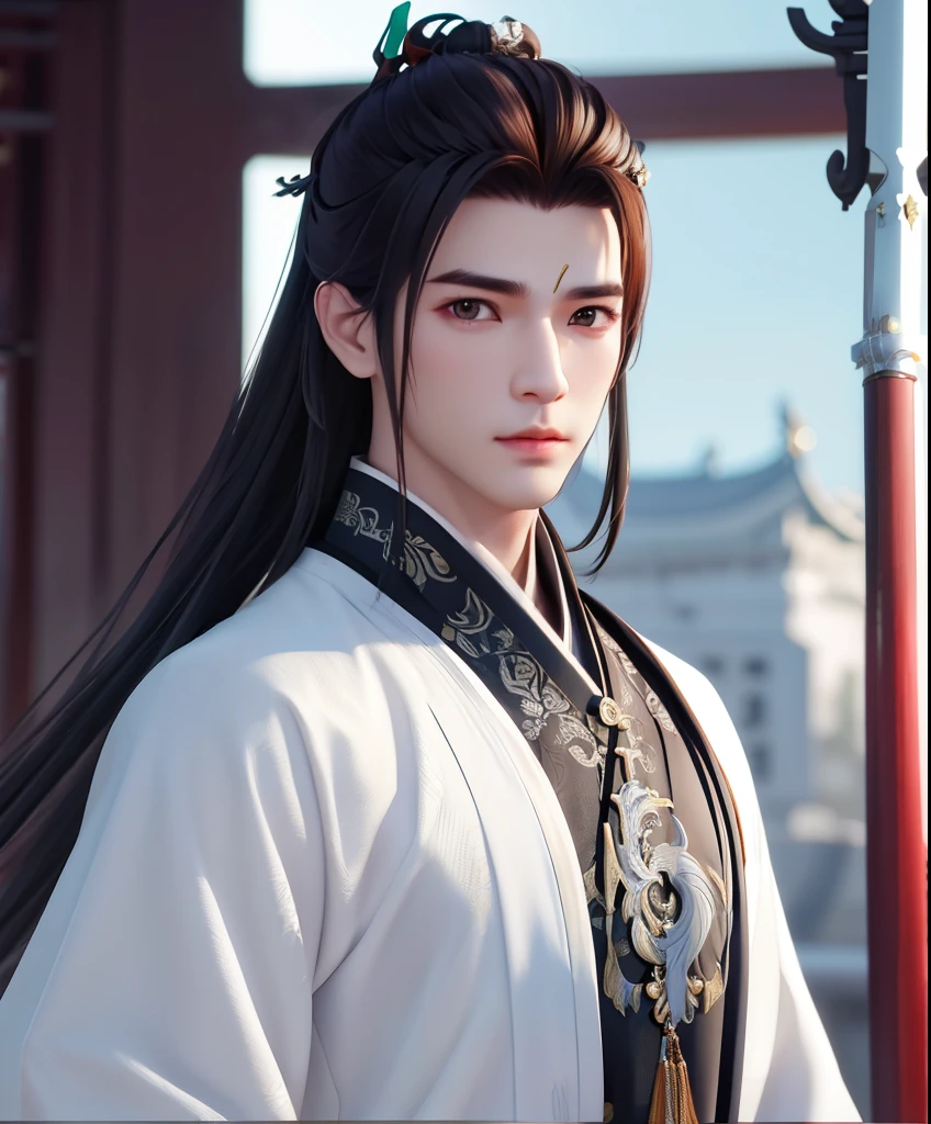 Man, handsome, swordsman, jianghu, holding a long sword, Chinese style, long hair, three-dimensional facial features, black robe, messy hair.