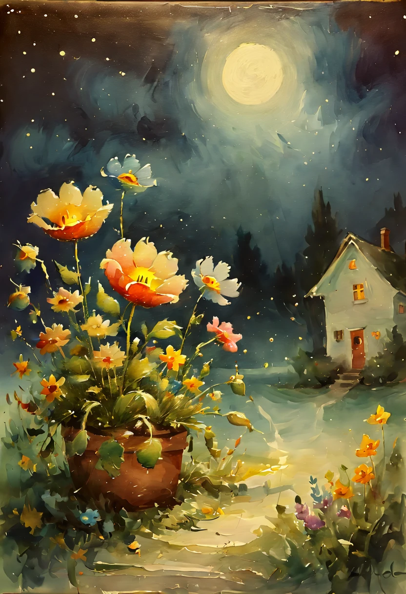 (watercolor painting:1.4), flowers, night, inspired by Miki Asai, (best quality, masterpiece, 8k8