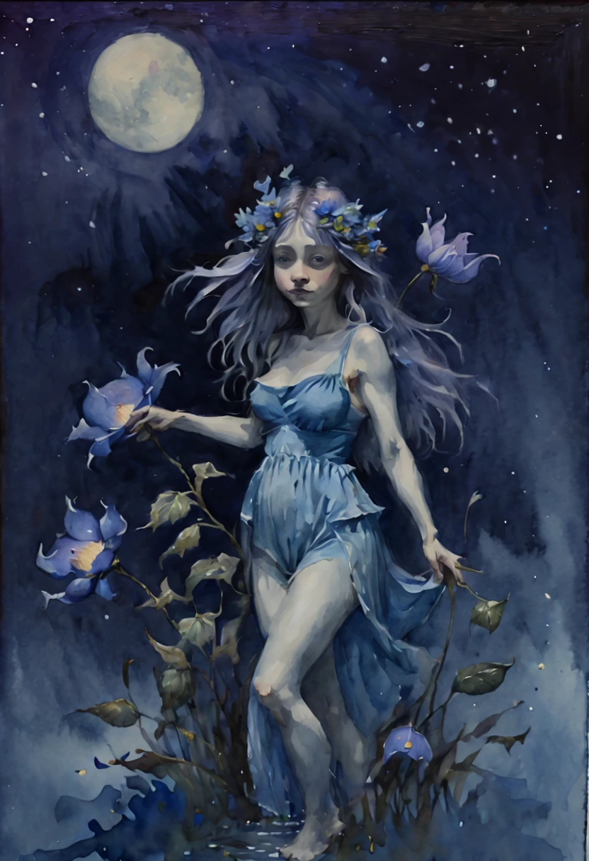 (watercolor painting:1.4), flowers, night, inspired by Brian Froud, (best quality, masterpiece, 8k)