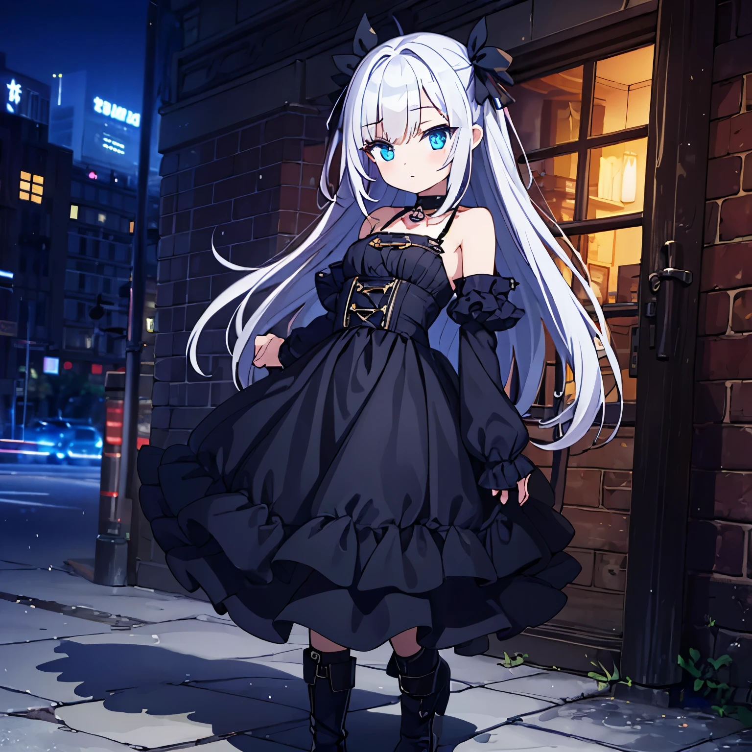 best quality,1girl,(((girl))),full body,pale skin,petite,silver hair,long hair,straight hair,blueeyes,small breasts,gothic [[[[[[ta]]]]]]],coat,grilled skirt,boots,bare shoulders,megami magazine,