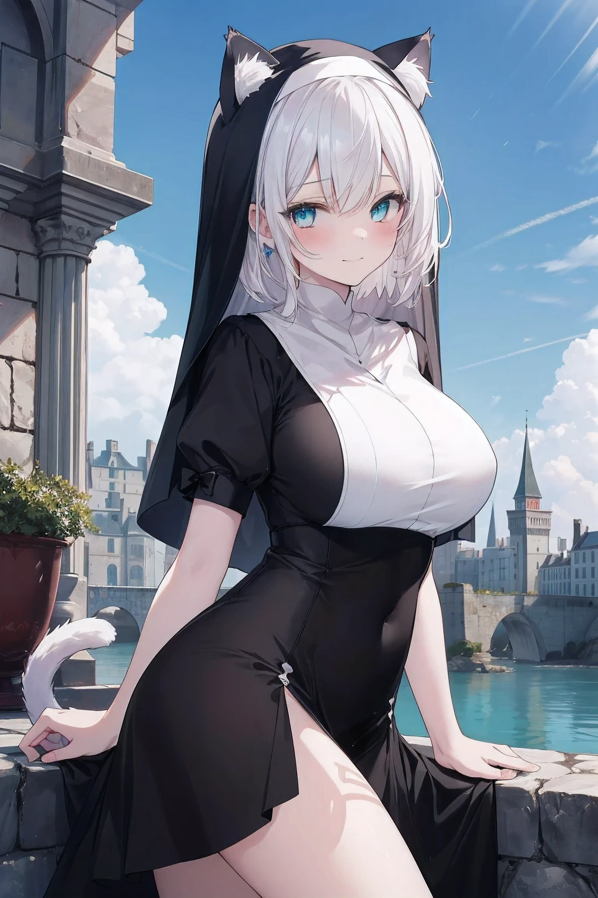 ((masterpiece)), ((highest quality)), ((8K)), High resolution, 1 girl, Cat ear, white skin, big breasts, aqua eye, ancient castle, nun, fantasy, sad smile, Angel