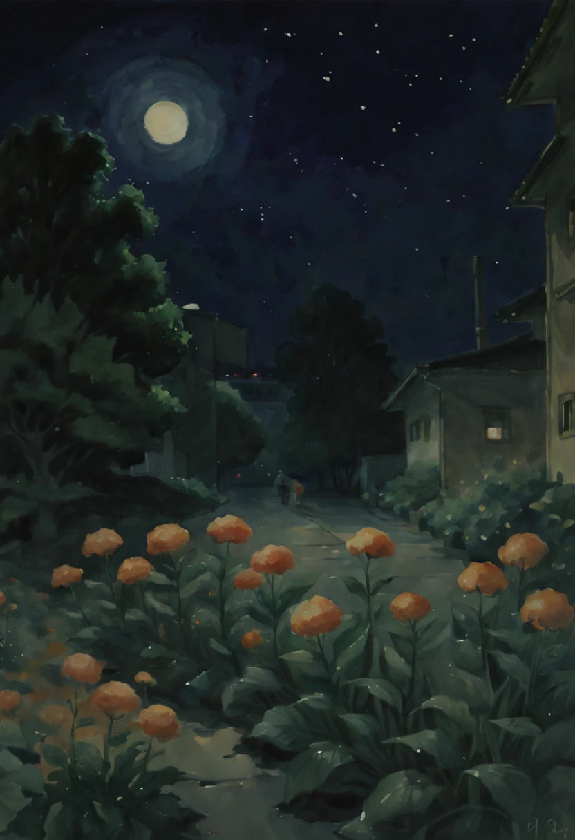 (watercolor painting:1.4), flowers, night, inspired by Satoshi Kon, (best quality, masterpiece, 8k)