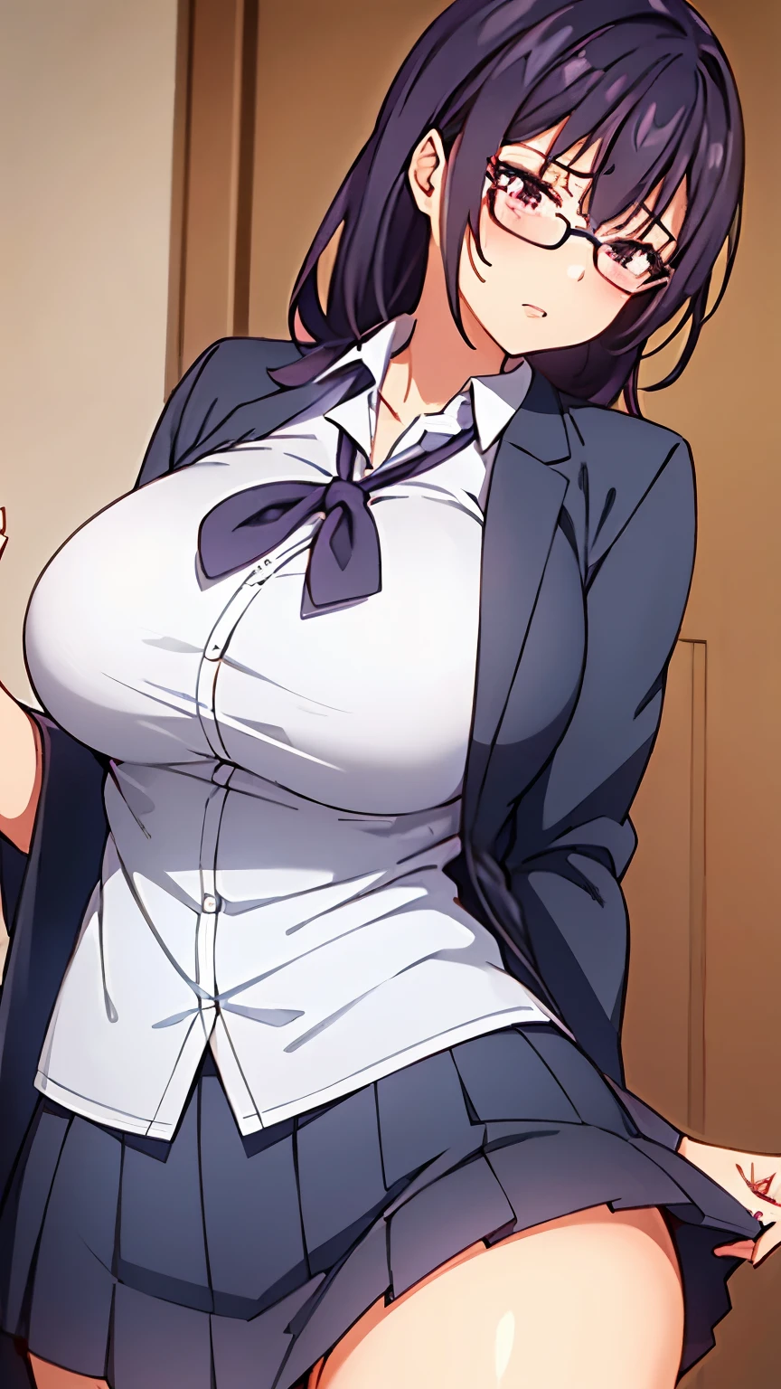 1 girl, purple and slightly black hair, big breasts, sexy body, angry face, wearing a school uniform, wearing a glasses 