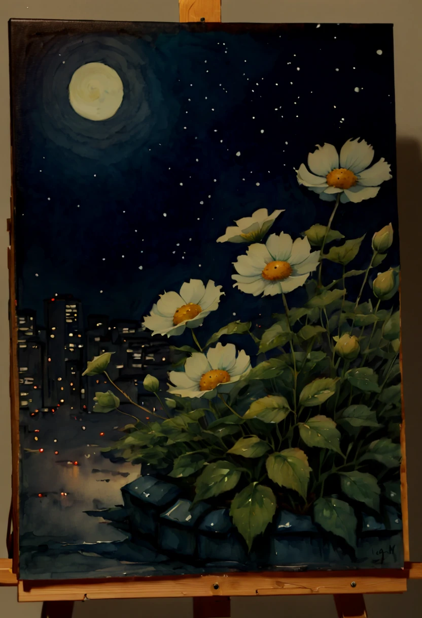 (watercolor painting:1.4), flowers, night, inspired by Naoki Urasawa, (best quality, masterpiece, 8k)