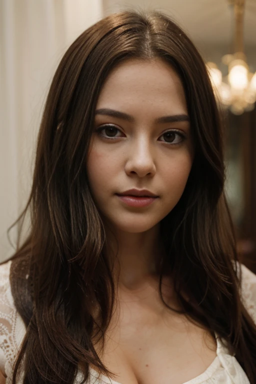 Young girl with an oval face., combination of beautiful features of two actresses. She has big eyes, where an intriguing mixture of determination and gentleness is reflected., and in the other - mystery and confidence. Her long hair, a combination of the elegance of Karen Gillan and the charm of Ana de Armas., carefully frame the face. The nose is graceful, and thick eyelashes give a sophisticated charm. mouth closed, without opening your teeth, creating a confident and attractive image.