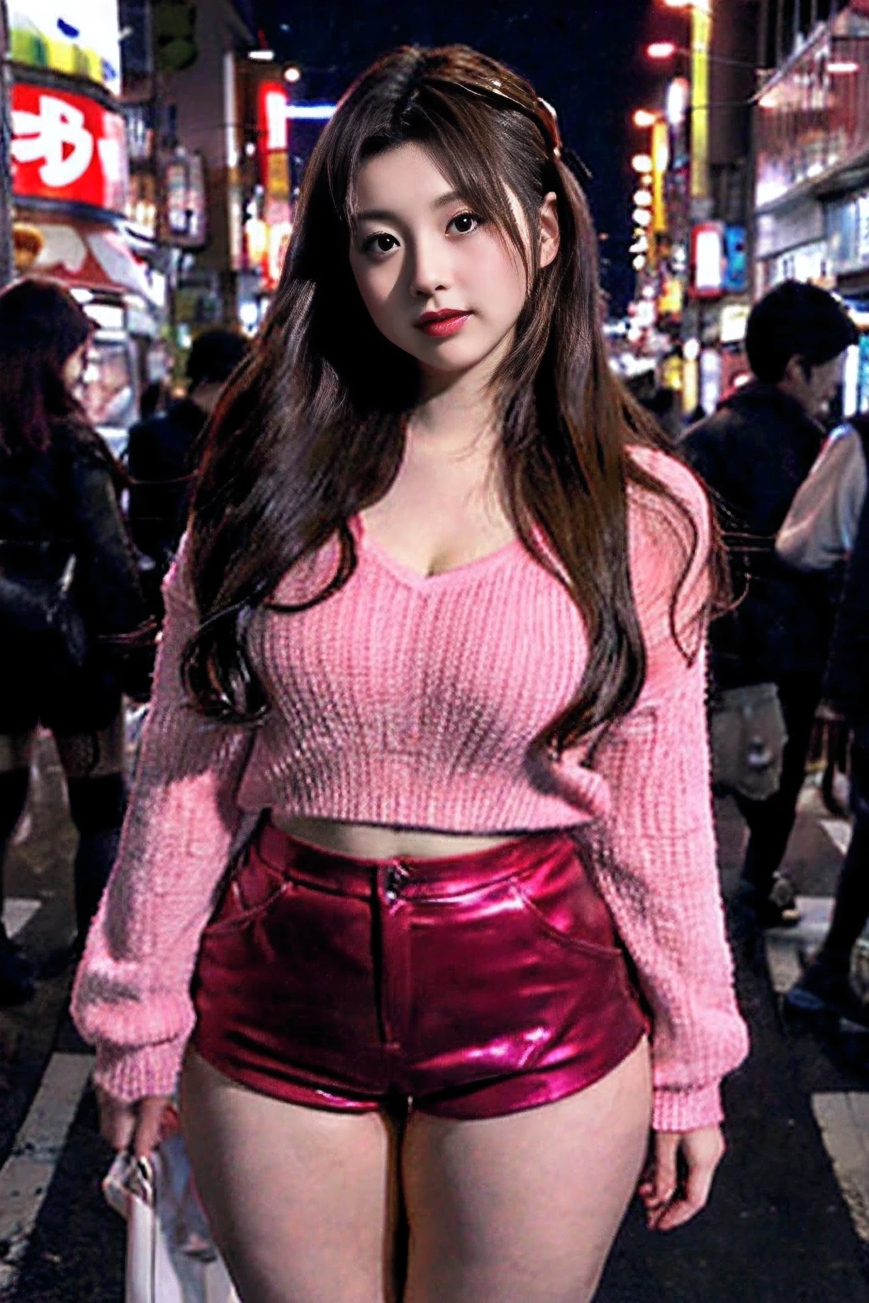 lady, posing seductively to viewer, solo:1, pov, beautiful thick thighs,
red light akihabara district background, long hair, 3/4 body, V neck mini hot shorts