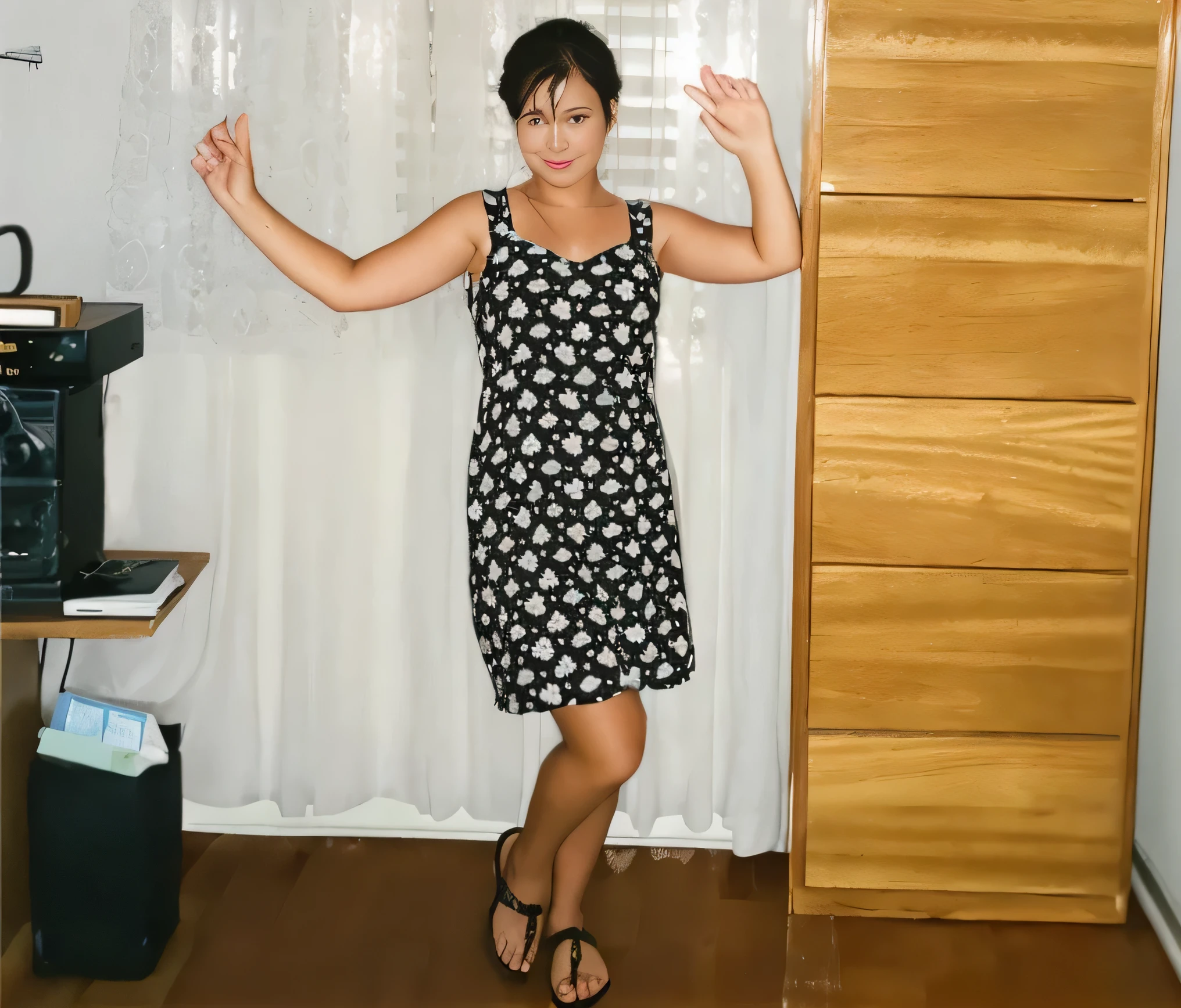 there is a 32 year old woman, standing in a room with a wooden dresser, usando um vestido de sol, she is dancing, posando em uma sala, usando um vestido de sol, usando um vestido de sol, dancing in the background, usando um vestido de sol , usando um vestido de sol, em um vestido, usando um vestido longo florido, wearing a flowing sundress, imagem interna, usando vestido de alta qualidade no campo, high resolution, obra de arte, 8k.