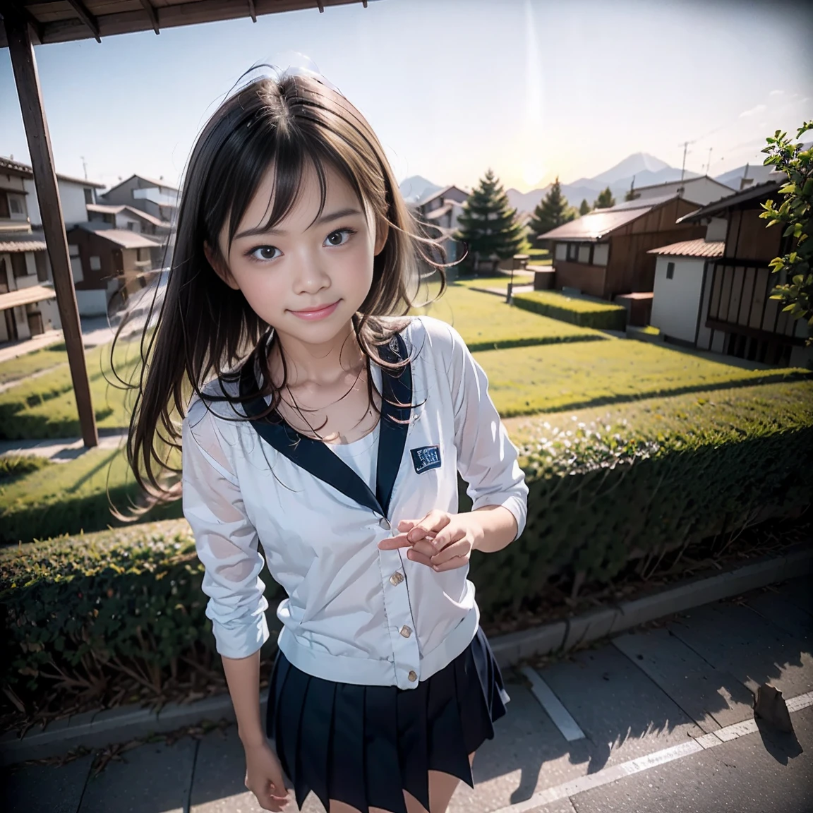 1 persons,15yo student,Small,Smile,nude, On the way to school,(Aperture value F22,15mm value,ISO100 setting),
masterpiece,Best Quality,8K picture quality,Raw photo,Professional Photography,Professional Lighting,close up of face,Against the background of Japanese houses and rural scenery,(mountain fuji on the background:1),((Hair swaying in the wind)),(Sunset:1.5),