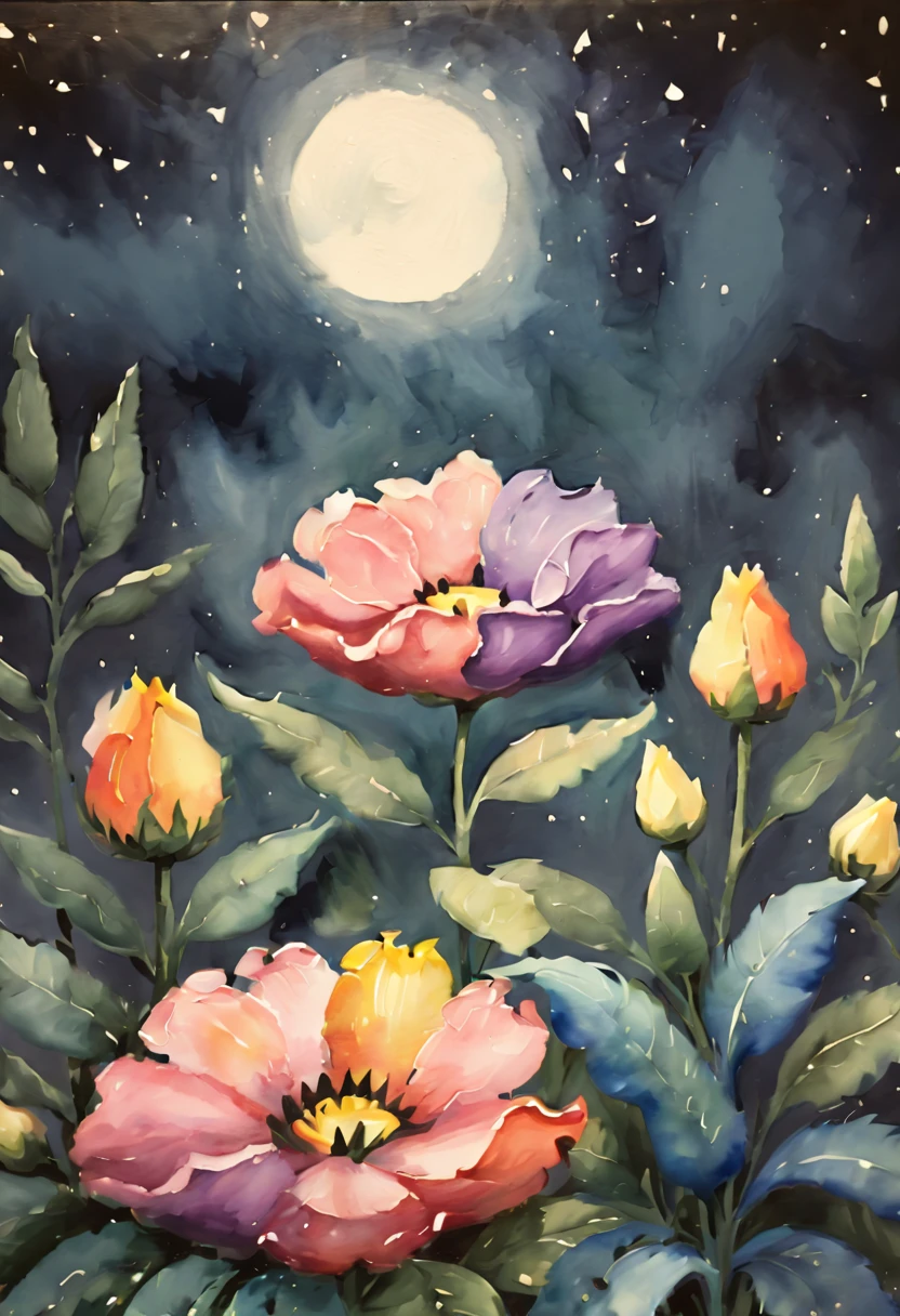(watercolor painting:1.4), flowers, night, inspired by Miki Asai, (best quality, masterpiece, 8k8