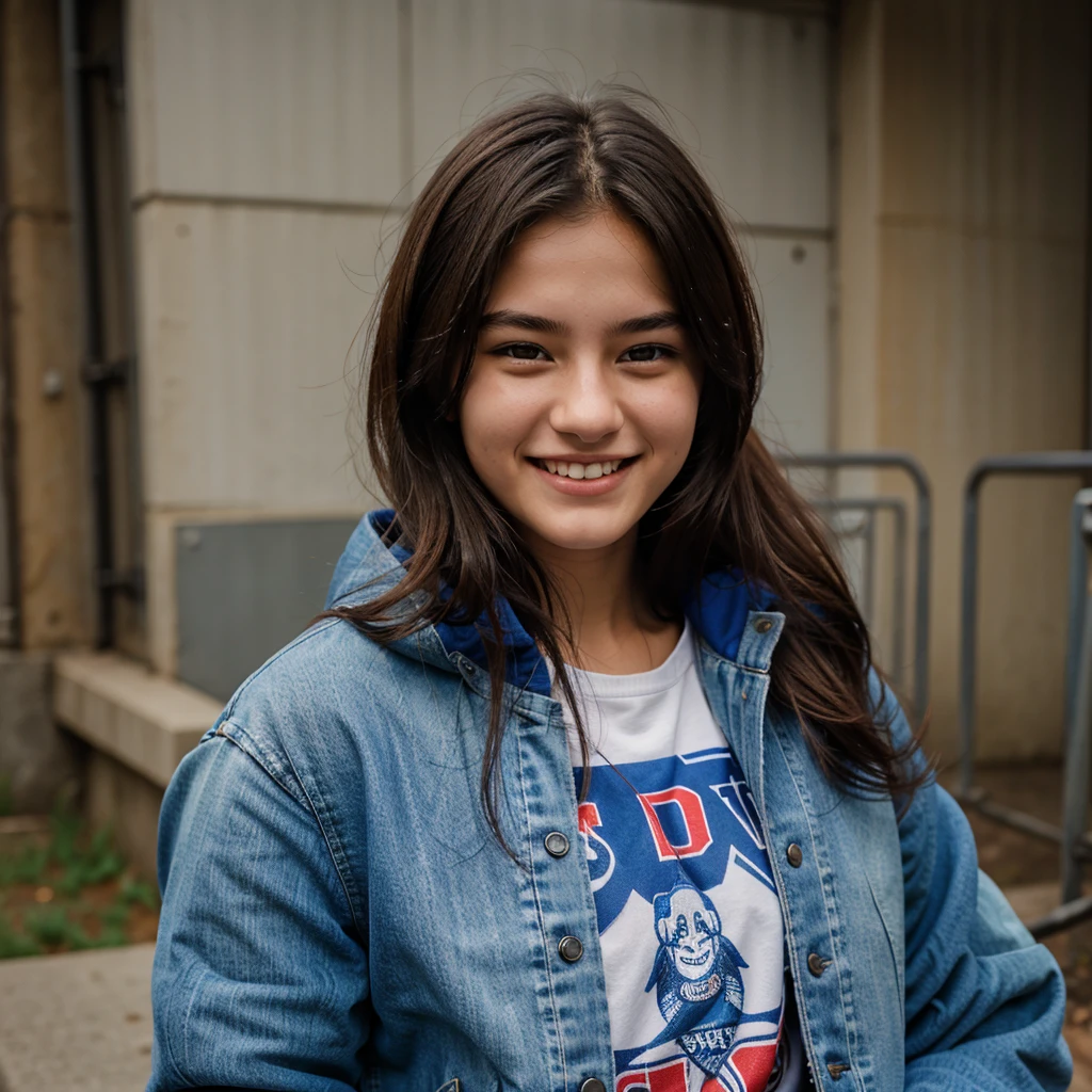 A 18 years old girl wearing blue jacket with his face smile on it