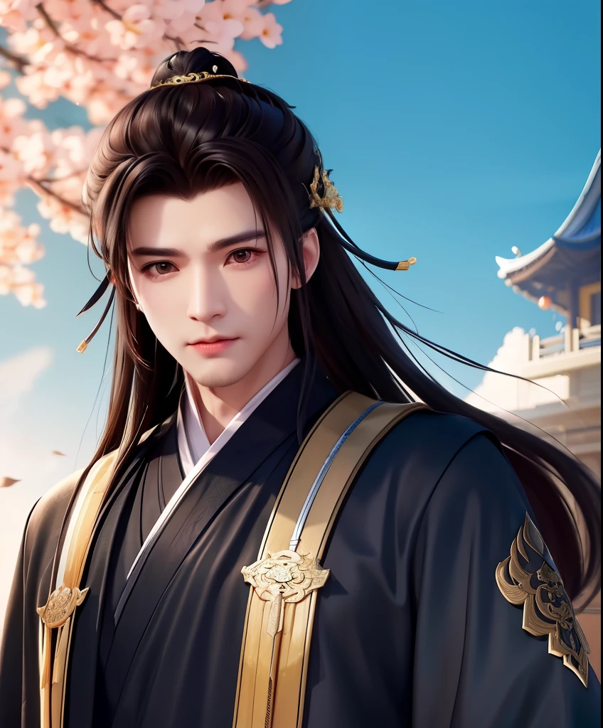 Man, handsome, swordsman, jianghu, holding a long sword, Chinese style, long hair, three-dimensional facial features, black robe, messy hair.