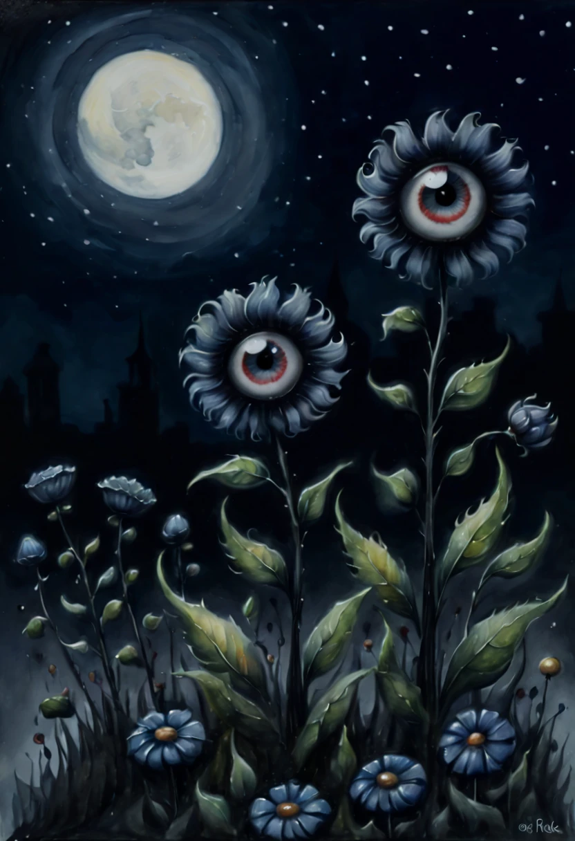 (watercolor painting:1.4), flowers, night, inspired by Tim Burton, (best quality, masterpiece, 8k)