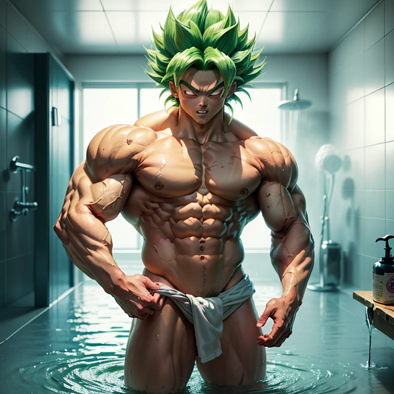 (Eine detaillierte Zeichnung von Son Goku, bodybuilding shower room), nackt unter der Dusche, Water flows over his naked muscular body, Wet body, gamz body image, Barefoot, bare body, keine Kleidung