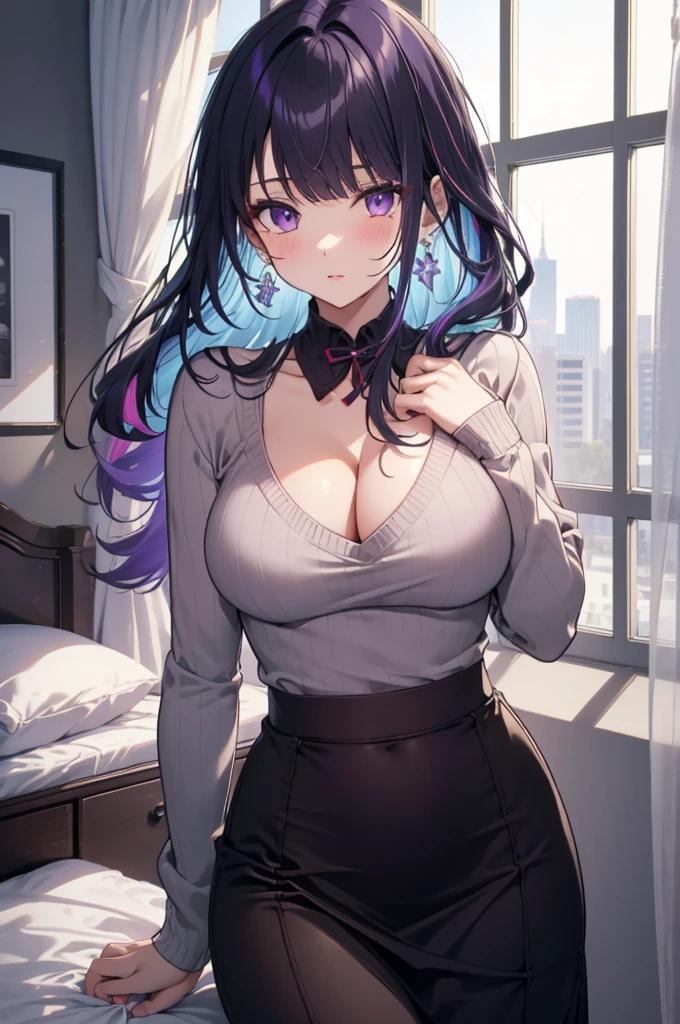 (best quality, 8k, 32k, masterpiece, UHD:1.2), highres, sharp focus, detailed outfit, beautiful detailed hair, delicate details, 1 girl, long hair, straight hair, (multicolored hair, gradient hair, two-tone hair, black hair, purple hair:1.2), purple eyes, blue earrings, parted lips, blush, large breasts, pajama, cleavage, cute, shy, sweet, indoors, night, dim, bedroom, bed, window, curtains, dynamic pose, dynamic angle, looking at viewer, nice hands, perfect hands, outfit-gls, sweater, high-waist skirt, long skirt