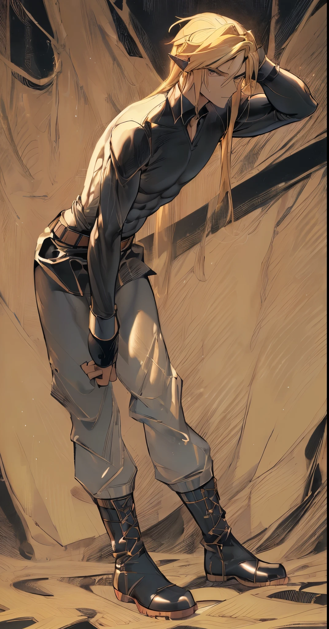 a close up of a man with blonde hair and no shirt, perfect anatomy, perfect male body,handsome guy, :: high detail, blonde, anime boy, blonde waist-long hair, handsome anime pose, smooth skin,link, masterpiece,detailed, intricate,4k,digital painting,pants,martial arts,black belt, muscular,perfect abs,warrior,sportive,seductive,horny,(smiling:0.5)(evil:0.3)(from below:1.2),(indoor)(palace)(one hand behind head),serious, confident,looking at viewer,maledom,prince,dominant, bdsm,sports,sportive, sweatpants,(black tight long sleeve shirt:1.6),dominant,confident,strong, tall,godlike,(combat boots:1.4), sportswear