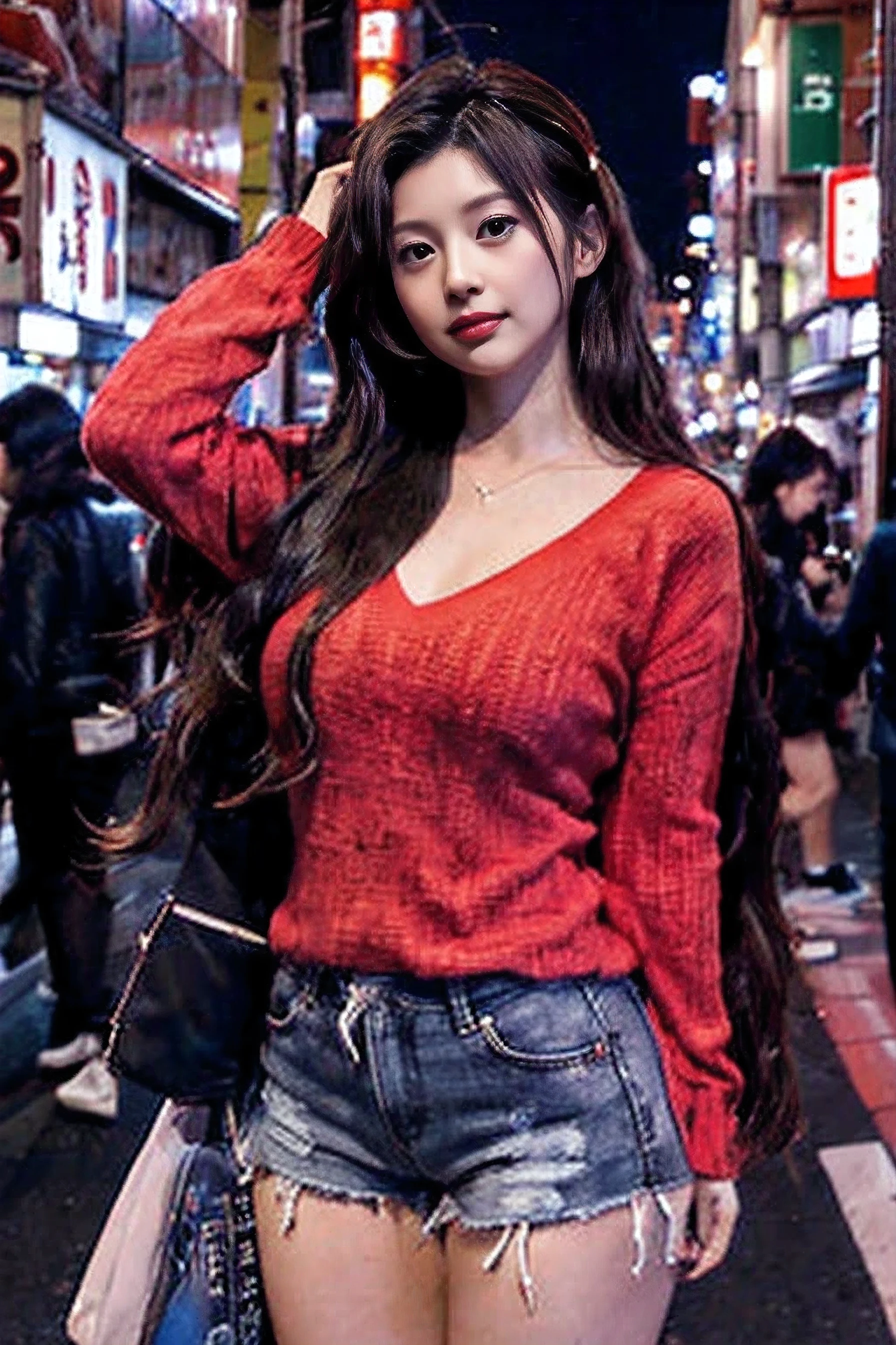 lady, posing seductively to viewer, solo:1, pov, beautiful thick thighs,
red light akihabara district background, long hair, 3/4 body, V neck mini hot shorts
