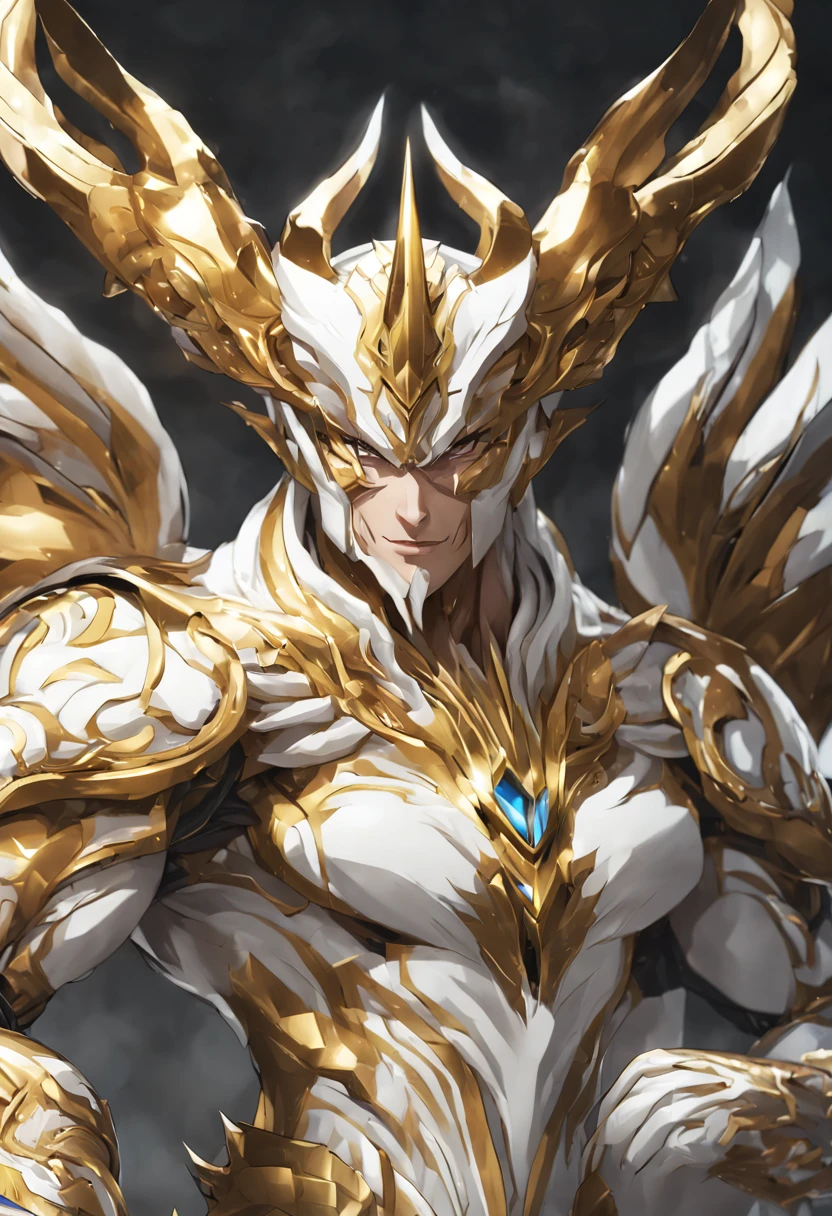 a close up of a man with a white and gold costume, gilgamesh, fit male demon with white horns, muscular werewolf, caracal cyborg, mobile wallpaper, badass anime 8 k, white fox anime, tiger_beast, amazing wallpaper, intricate white and gold armor, detailed anime character art, as a titan, 8k high quality detailed art