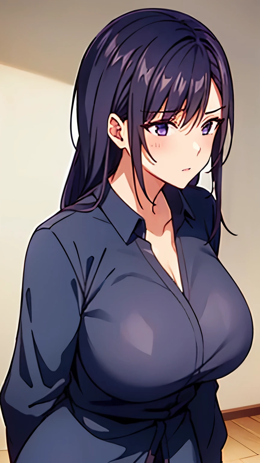 1 girl, purple and slightly black hair, big breasts, sexy body, angry face, wearing a wet school uniform